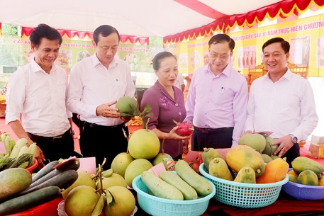 Chủ nhiệm Ủy ban kiểm tra Tỉnh ủy Nguyễn Thị Gái, Phó Chủ tịch UBND tỉnh Đặng Ngọc Sơn, Chánh Văn phòng Điều phối NTM tỉnh Trần Huy Oánh tham quan gian hàng trưng bày các sản phẩm OCOP của Đức Thọ